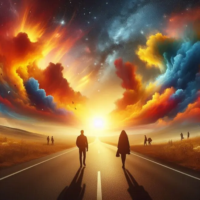 Imagem silueta do homem e mulher caminhando.