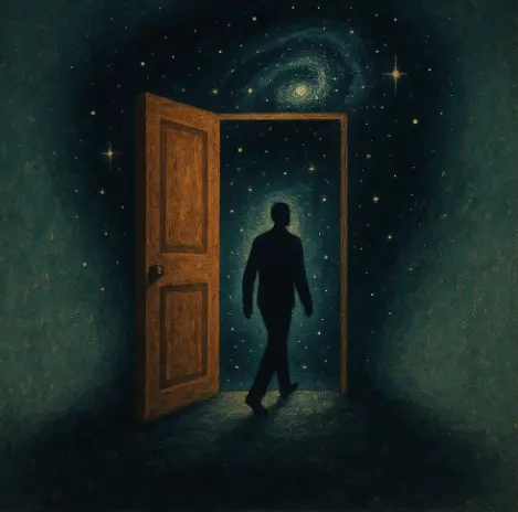 Imagem ilustrativa homem passando pela porta para outra dimensão.